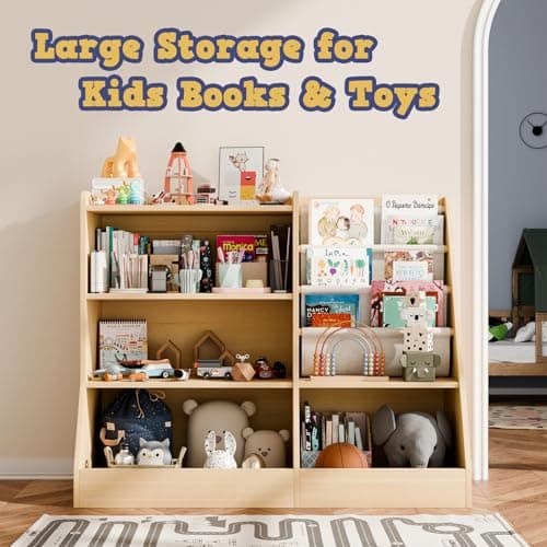 IKALIFE 39" Large Kids Wooden Bookshelf and Toy Storage Organizer, Baby Bookcase with Sling Book Rack, Children Toddler Wooden Book Shelf for kids rooms, Playroom, Classroom, Nursery, School (Natural) - Thumbnail 6