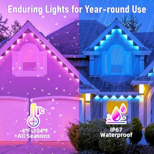 MUCCCUTE Permanent Outdoor Lights for Holidays Valentines 150ft RGB House Light w/App & Remote Control Smart Rainbow LED IP67 Waterproof for New Year Christmas Roof Eaves Garden Décor All Year Around - Thumbnail 2