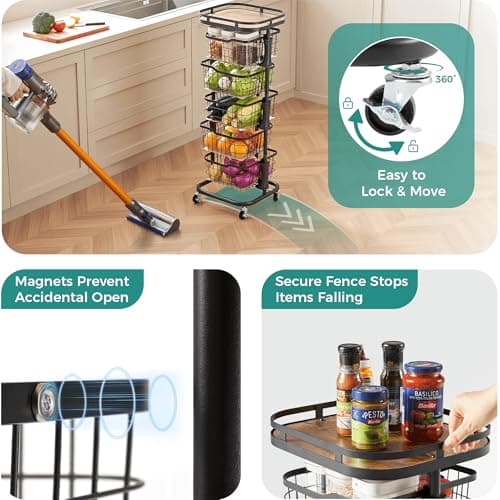 Ocyfym 5 Tier Kitchen Fruit Vegetable Storage Cart with One-Piece Rotating Basket, Pantry Organizer Shelf Rack Floor Stand for Veggie Onion Potato Produce Spice, Rolling Snack Cart on Wheels, Black - Thumbnail 5