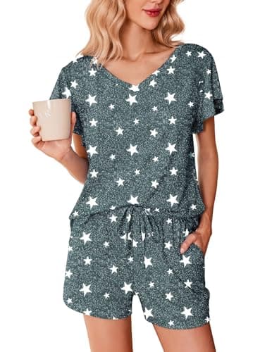Ekouaer Women's Pajamas Set Ruffle Sleeves Sleepwear V Neck Comfy 2 Piece Pjs Loungewear Set,Star,Large - Image 1