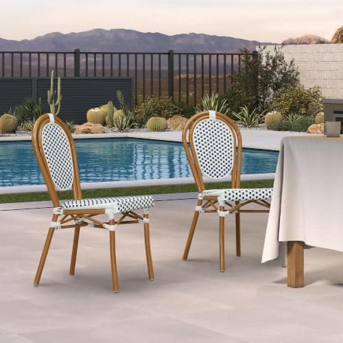 PURPLE LEAF Patio Dining Chair Set of 2 Outdoor French Aluminium Frame in Bamboo Finish with Sky Blue & White Woven Rattan for Indoor Kitchen Deck Bistros Cafe Restaurant - Image 1