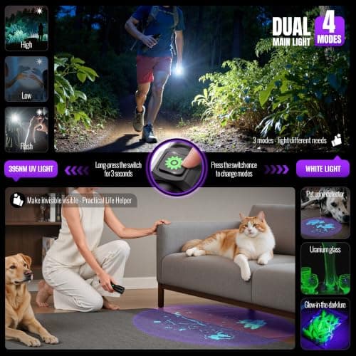 DARKDAWN 3 in1 Super Bright Flashlight & UV Flashlight 395nm, High Lumens USB Rechargeable Ultraviolet Blacklights,Handheld Portable Flashlights for Outdoor Adventure, Pet Urine Stains (2pack) - Thumbnail 3