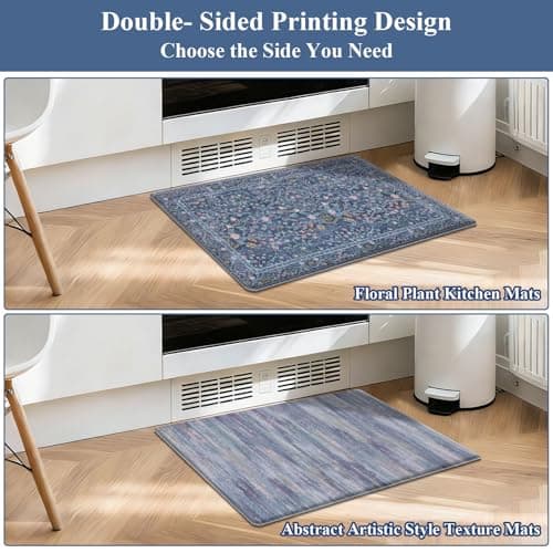 U'Artlines Double-Sided Kitchen Rugs Set of 2,Kitchen Anti Fatigue Mats Non Slip Padded Floor Standing Desk Mat,PVC Waterproof & Stain Resistant Carpet Blue Floral Rugs for Laundry Room Office Sink - Thumbnail 2