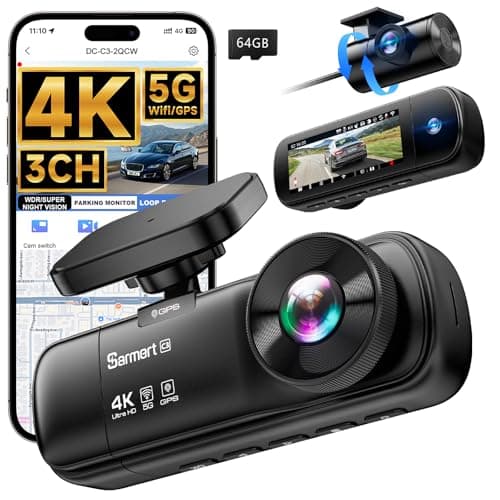 SARMERT 4K 3 Channel Dash Cam, Dash Cam Front and Rear C3, Free 64GB Card, 4K+1080P+1080P Dashcam, G-Sensor, WDR, APP, 5G WiFi, Night Vision, 24H Parking Monitor - Image 1