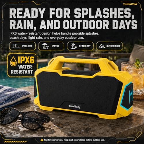Musibaby 80W Portable Bluetooth Speaker, Loud Bass, IPX6 Waterproof, Yellow - Thumbnail 5