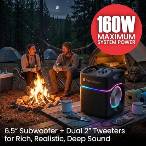 AudioSource 2.1 Channel Party Speaker with Built-in Subwoofer, 160W, RGB Light Modes, Portable Outdoor Karaoke Speaker, Bluetooth 5.3, Dual Mic Inputs, Ultra Bass Boost, Matte Black, AP40 - Thumbnail 2