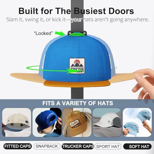 AXU Hat Rack for Door, Hat Organizer for Baseball Caps, Over the Door Hat Storage Organizer - Holds 20-40 Caps | Black, 2 Straps - Thumbnail 4