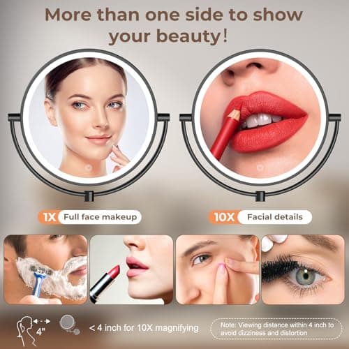 Rocollos 9" Plug-in Wall Mounted Lighted Makeup Mirror 1X/10X Magnification, Super Large Double Sided LED Vanity Mirror for Bathroom (Black) - Thumbnail 5