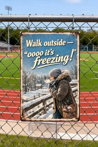 Walk Outside - Oooo It's Freezing Metal Tin Sign, 8x12 Inch Vintage Winter Art, Funny Cold Weather Quote, Snowy Landscape with Person in Coat, Pre-drilled Holes for Easy Hanging - Thumbnail 3