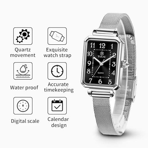 Taxau Watches for Women Dress Large Wrist Womens Waterproof Watch Analog Quartz Black Face Watch for Women with Date Square Mesh Band Ladies Watches - Thumbnail 2