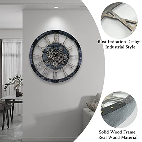 TOPPTIK 27 Inch Moving Gear Wall Clock, Oversized Wall Clocks, Clock Living Room Decor, Solid Wood Frame, Battery Operated, Large Wall Clock with Steampunk Industrial for Fireplace(Gray) - Thumbnail 3