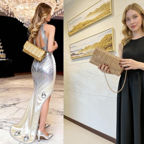 LUKLUKTAISUN 2026 Rhinestones Clutch Purses for Women 3d Evening Bags PU Leather Handbag for Cocktail Prom Party Wedding(Gold) - Thumbnail 4