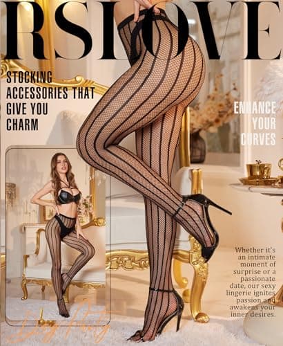 RSLOVE Women Sexy Fishnet Tights - High Waist Fishnet Striped Pantyhose Mesh Stockings Lingerie for Women Black - Thumbnail 2