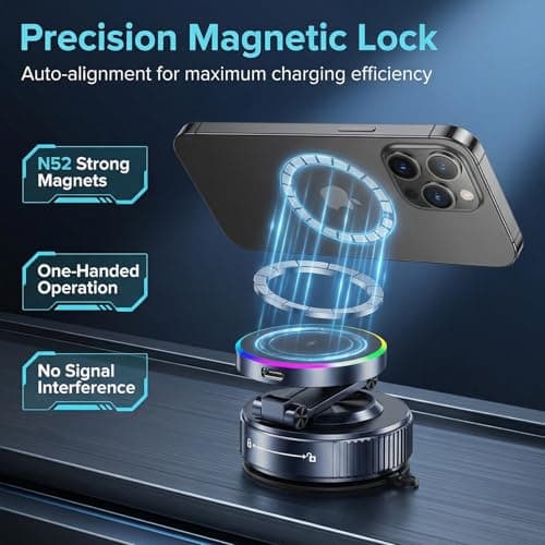 GEYUTHS Vacuum Magnetic Phone Charging Holder Mount 15W Fast Wireless Charger for Car Magsafe 360° Adjustable Phone Holder with Nano Gel Suction Cup for iPhone 12-17 Pro Max (K5S) - Thumbnail 3