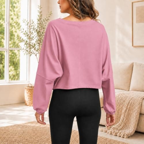 MATEAM Womens Cropped Sweatshirt Loose Fit Workout Tops - Crewneck Pullover Long Sleeve Casual Fashion Sweaters for Yoga Gym Fitness Pink XL - Thumbnail 3