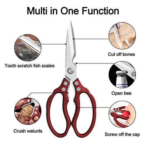 CGBE Kitchen Scissors All Purpose Heavy Duty, Ultra Sharp Stainless Steel Kitchen Shears Dishwasher Safe, Cooking Shears for Chicken, Poultry, Fish, Meat, Herbs & Grapes with Non-Slip Grips (Red) - Thumbnail 3