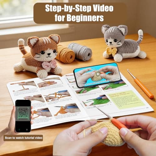 AI.QVOKA Crochet Kit for Beginners Kids Ages 8-12, Learn to Crochet Kit for Adult Beginners | Cat Crochet Animal Kit with Step-by-Step Video Tutorials – Perfect Crochet Gifts for Girls (2 Pack) - Thumbnail 3