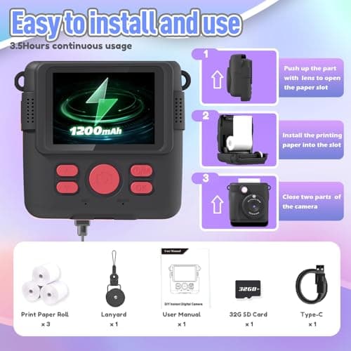 ESOXOFFORE Kids Camera Instant Print, Christmas Birthday Gifts for Kids Age 3-12, Selfie Digital Camera with 1080P Videos,Toddler Portable Travel Cameras Toy for 4 5 6 7 8 9 Year Old Boys Black - Thumbnail 6