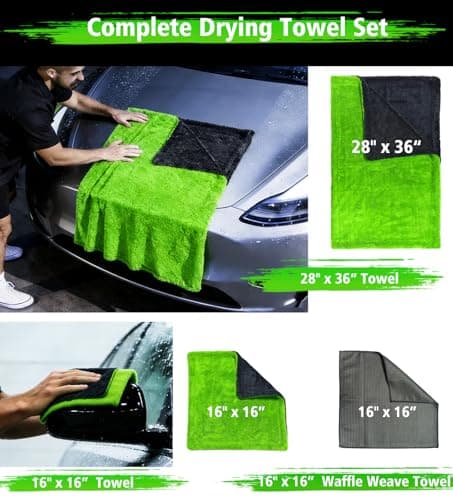 YeewayVeh Complete Drying Towel Set, 3-Pack Microfiber Towels (28"x36" & 16"x16" Drying & Waffle Weave), 1400 GSM Ultra Absorbent, Streak-Free Car Detailing Towels for Bulk Water, Final Polish & Glass - Thumbnail 6