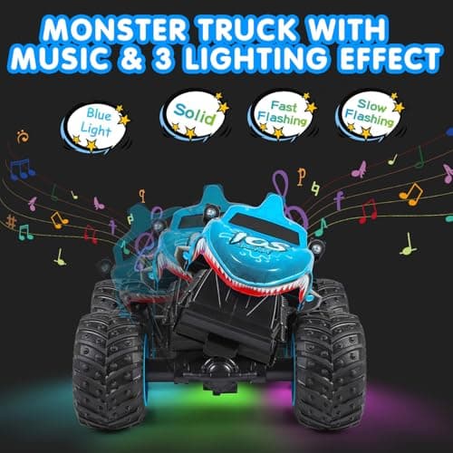 DYODYORC Remote Control Car, 2.4Ghz All Terrain Shark Monster Truck Toys, RC Truck with Music, 3 Lighting Effects, 360 Stunt Capable, 2 Batteries Ready to Run, Toy Gifts for Boys and Girls (Blue) - Thumbnail 5