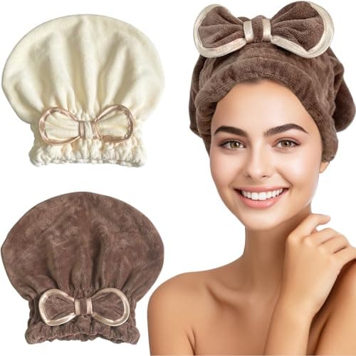 Jseng Microfiber Hair Towel Caps for Women with Cute Bowtie, 2Packs Fast Drying Hair Towel Caps for Curly Long Wet Hair Anti Frizz - Image 1