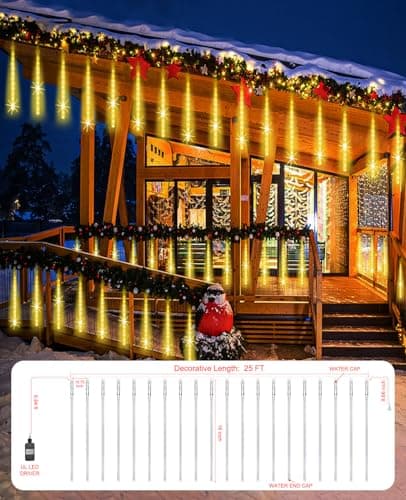 Christmas Lights Outdoor,16 Inch 20 Tubes Meteor Shower Light Falling Rain Drop String Lighting Icicle Snow Cascading Xmas String Decor for Tree Wedding Party Garden Holiday Decoration,Warm White - Thumbnail 5
