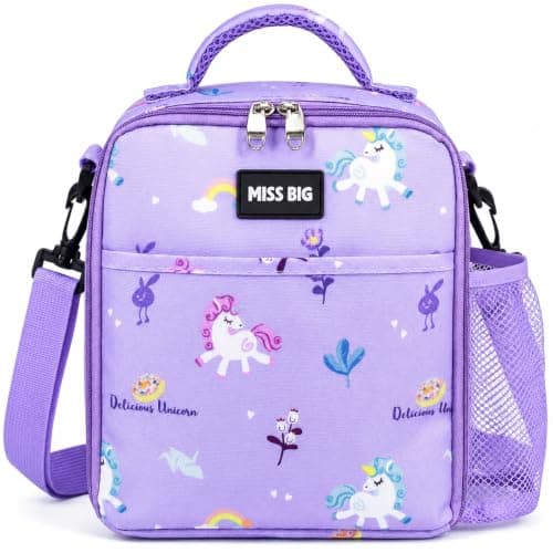 MISS BIG Purple Unicorn Kids Lunch Bag for Girls, Insulated, 5L