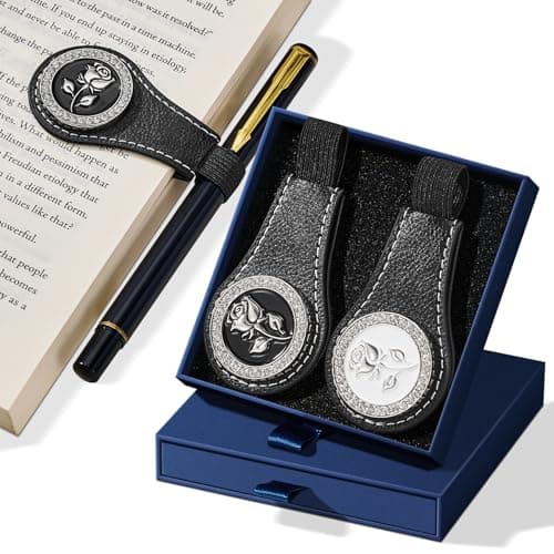 2Pcs Magnetic Leather Bookmarks with Gift Box Magnetic Pen Holder Book Marks Clip Gift for Book Lover Readers Cute Bookmark for Women, Black + White - Image 1