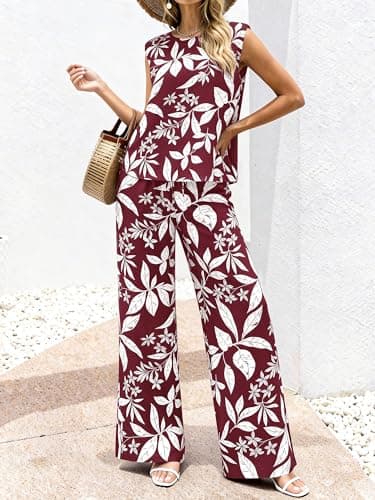 BTFBM Lounge Sets For Women Summer Sweatsuits 2 Piece Tracksuit Sleeveless Tops Wide Leg Pants Floral Vacation Outfits(Floral Wine Red,Medium) - Thumbnail 3
