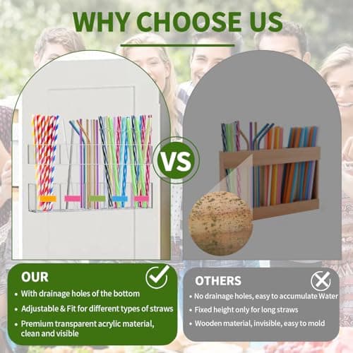 Straw Holder for Cabinet Door - 9.5'' Acrylic Straw Organizer with Adhesive Tape & Stickers, Transparent Straws Storage Container for Cabinet, Straws Dispenser for Counter Cupboard Home Kitchen Cafe - Thumbnail 3