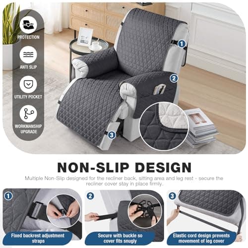 TAOCOCO 100% Waterproof Recliner Chair Covers, Non Slip Recliner Covers that Stay in Place, One-Piece Washable Reclining Chair Cover with Elastic Straps, Black Grey, Fits 25" Seat Width - Thumbnail 3