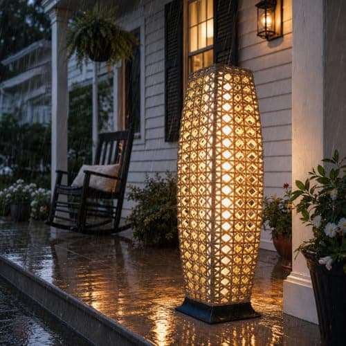 Grand patio Outdoor Floor Lamp Solar Lantern, Water-Resistant Natural Wicker Boho Patio Light with 50/100 Lumens Dual Brightness & Memory Mode for Garden Porch Deck Decor, Large Diamond Natural - Image 1