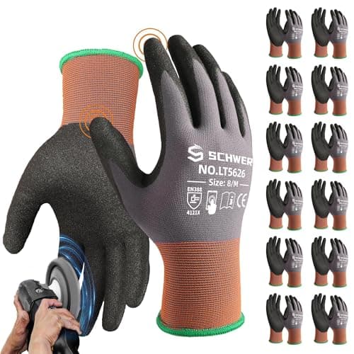 Schwer 12 Pairs Safety Work Gloves Sandy Nitrile Coated LT5626, Max Abrasion Resistant Heavy Duty Working Gloves with Grip for Men Women, Touch-Screen, for General Use, Mechanic, Construction, M - Image 1