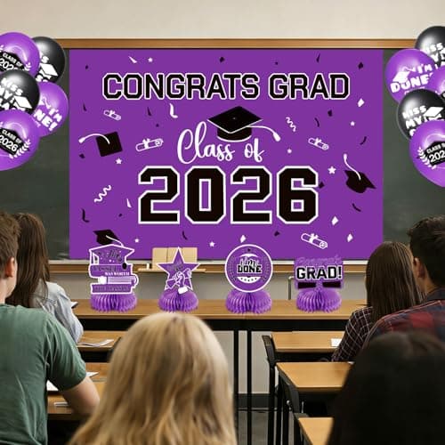2026 Graduation Decorations Set Congrats Grad Banner Class of 2026 Backdrop Balloons Swirls Honeycomb Centerpieces Purple Graduation Party Supplies for High School College Grad Decor - Thumbnail 4