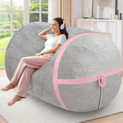 HABUTWAY 5FT BeanBag Chair,Giant BeanBag Chairs with Memory Foam Filled, Ultra-Soft Velvet with Portable Handle & Removable Cover, Comfy BeanBag Sofa for Living Room, No Assembly - Light Grey & Pink - Image 1