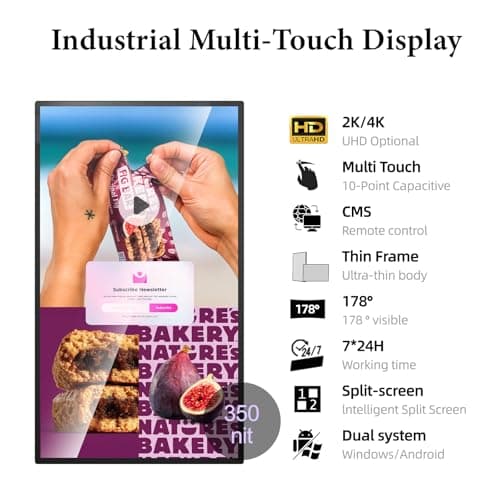 MWE 21.5 inch Wall Mount Digital Signage, FHD Touchscreen Monitor Android 14, Multi-Touch Screen Smart Split, Commercial Advertising Display, Time Switch, CMS Management, HD-MI/ USB/ WiFi/ for Windows - Thumbnail 6