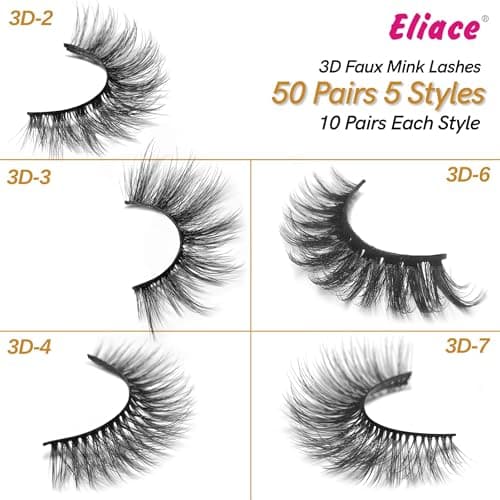 Eliace Eyelashes, (50 Pairs,5 Styles) Luxurious Faux Mink Lashes Natural Look Wispy Fluffy Handmade Cat Eye False Lash Pack, False Eyelashes Set, Fake Lashes Strips, Makeup Fake Eyelashes Pack - Thumbnail 4