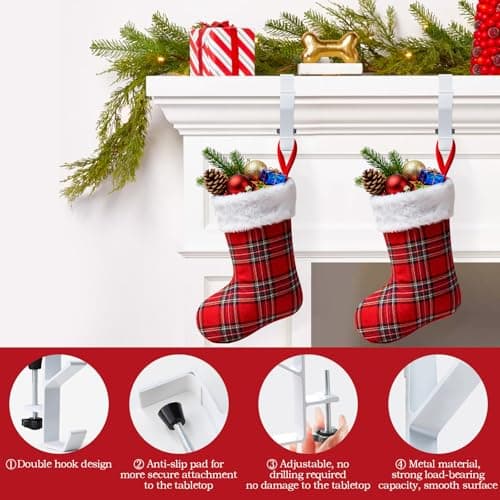 ANOEPUY 4 Pack Stocking Holders for Mantle for Christmas Decorations,2 in 1 Mantle Garland Holder for Hanging Christmas Stockings,No Drilling Required & Adjustable Garland Hanger, Metal(White) - Thumbnail 5