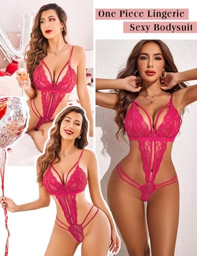Avidlove Lingerie for Women Bodysuit Fishnet Babydoll Underwear (Rose Red, Medium) - Thumbnail 3