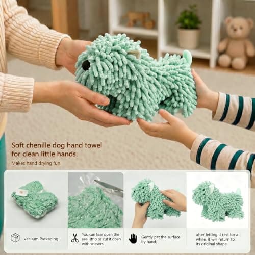 FAGOBI Cute Dog Chenille Hand Towel, 3D Fuzzy Puppy Hangable Ball Hand Towel Microfiber Super Soft Absorbent Bathroom & Kitchen Towels with Hanging Loop, Can Be Placed on the Sink Countertop (Green) - Thumbnail 5