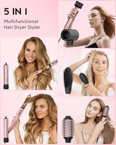 Brightup 5 in 1 Air Styler, 1400W High Speed Hair Dryer Brush, Professional Automatic Hair Curler with Cool Shot Button, 800 Million Ionic, No Heat Damage, with Travel Bag - Thumbnail 2