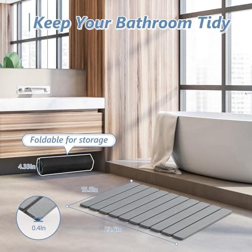 AWW Foldable Stone Bath Mat, Quick Dry Diatomaceous Earth Bath Mat with Non-Slip Mat, Super Absorbent, Easy to Clean, Compact for Small Bathrooms, 23.6 x 15.5, Grey - Thumbnail 6
