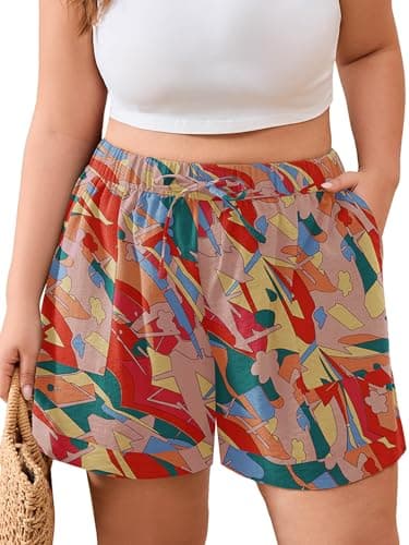 AusLook Plus Size Summer Shorts for Women Wide Leg Elastic Waist Beach Vacation Lounge 2026 Lifeful Color Block 1X Shorts with Deep Pockets