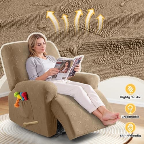 Ruaozz Recliner Chair Covers, 4-Pieces Recliner Cover Stretch Paw Bone Prints Reclining Chair Slipcovers Soft Furniture Protector with Pockets for Lazy Boy Recliner (1 Seat, Light Coffee) - Thumbnail 3