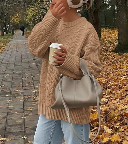 Okiwam Women's Oversized Sweaters Crewneck Cable Knit Pullover Casual Loose Fall Outfits Spring Fashion Clothes 2026-S Khaki - Thumbnail 2
