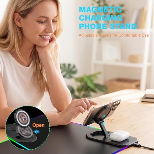 Gaming Mouse Pad Wireless Charging - Desk Mat Magnetic Foldable Phone Stand 15W Fast Charge, RGB Extended Large Keyboard Mousepad - PC Laptop Desk Pad for Work Game (Adapter Not Included) - Thumbnail 3