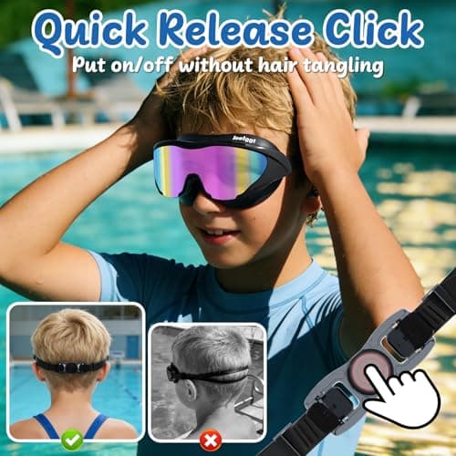 LEEIGGT Swimming Goggles for Kids 8-14, 2 Pack Anti Fog UV Kids Swim Goggles with Ear Plugs Attached - Thumbnail 5