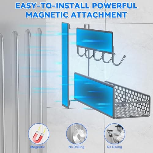 JulktLli 5 Pack Multifunctional Magnetic Shelves for Washing Machine & Refrigerator - Heavy Duty Laundry Room Organization System with Tool Hooks, Metal Storage Baskets (Grey) - Thumbnail 5