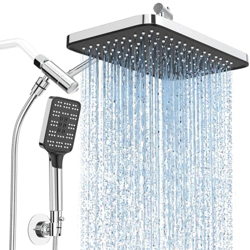 High Pressure Rain Shower Head with Handheld Spray Combo Set, Adjustable 12" Rainfall Dual Shower Head, Double&Tandem Shower Head, Waterfall Showerhead Bathroom -Silver Chrome