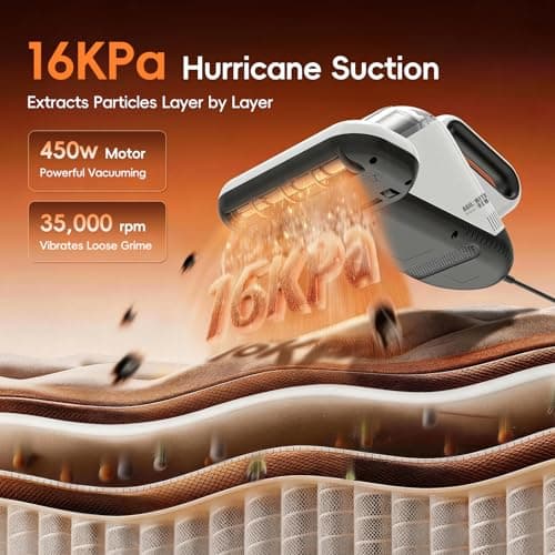 TER Bed Vacuum Cleaner, Smart Dust Sensor, HEPA Filter, 16Kpa Strong Suction & 35000 RPM Tapping, 131°F Heat, 5-in-1 Deep Cleaning Mattress Vacuum Cleaner UV for Bed/Couch/Pet Hair (Corded) - Thumbnail 4